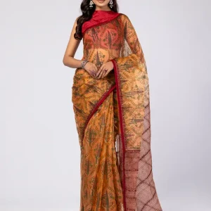 Sandalwood Printed and Embroidered Muslin Saree